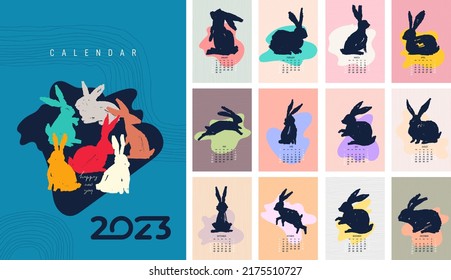 2023 сalendar design. Week starts on Sunday. Calendar design. 2023 with various brush stroke rabbits. Vertical A4. Abstract artistic cute vector hares. Pastel background. Set of 12 months