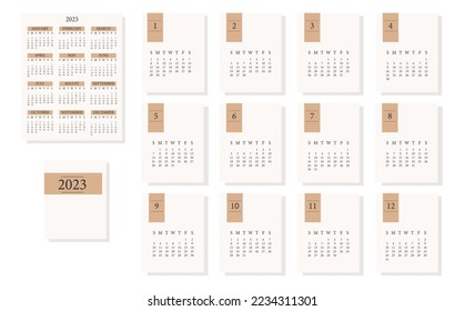 2023 сalendar design. Week starts on Sunday. Calendar design. Editable calender vertical page template. Set of 12 months.