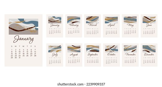 2023 сalendar design. Week starts on Sunday. Calendar design. Editable calender vertical page template. Set of 12 months.	