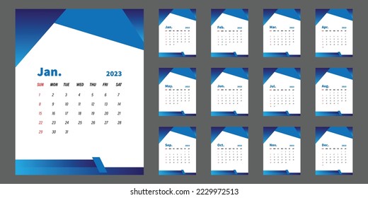 Plantilla vectorial de diseño de calendario 2023, nuevo banner de escritorio y calendario de pared con formas creativas y dinámicas para el diseño de medios sociales listos para imprimir.