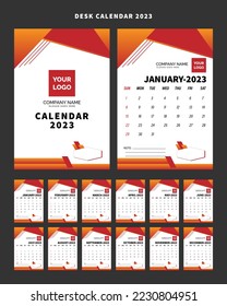 2023 desk Calendar design vector template, new desk and wall calendar banner with creative and dynamic shapes ready for print social media design.