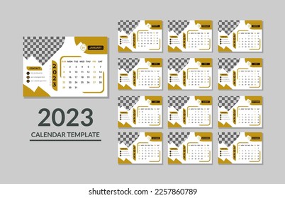  2023 Desk Calendar template of 12 months included. Monthly calendar for 2023 year.