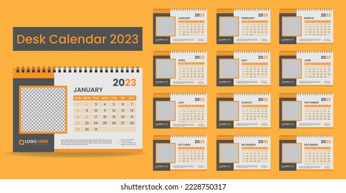 2023 Desk calendar template design. Monthly calendar design. Week starts on Sunday. Set of 12 calendar pages vector design print template with place for photo. EPS10