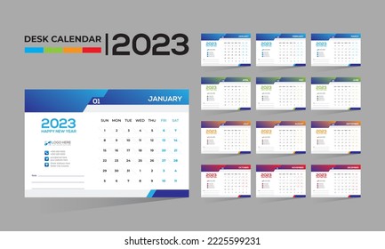 2023 desktop vector 12 month 12 page calendar design for any kind of use
