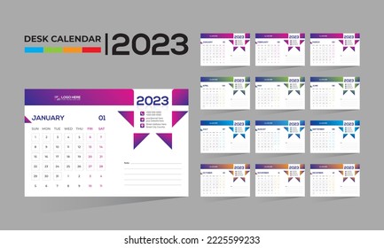2023 desktop vector 12 month 12 page calendar design for any kind of use