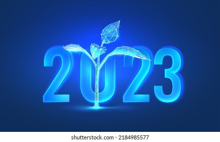 2023 digital futuristic illustration. Growth plant on the background of the new year. Glowing poster with dark night background