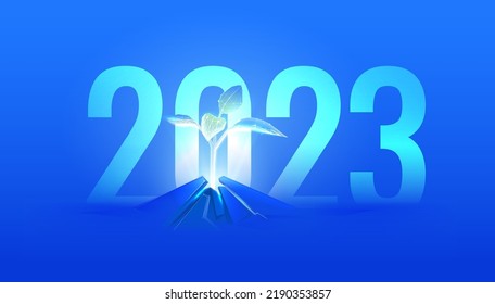 2023 digital futuristic illustration. Growth plant on the background of the new year. Vector illustration
