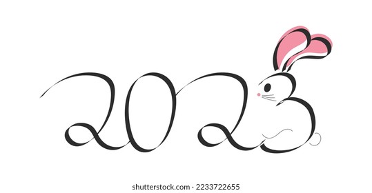 2023 doodle numbers vector illustration with rabbit symbol of the year. Negative space hand drawn bunny. Simple line clip art element isolated on transparent background 