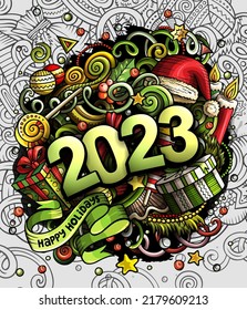 2023 doodles illustration. New Year objects and elements poster design. Creative cartoon holidays art background. Colorful vector drawing