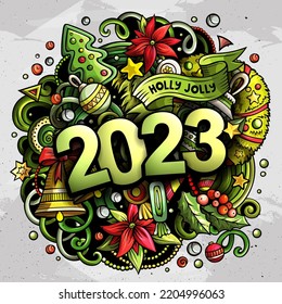 2023 doodles illustration. New Year objects and elements poster design. Creative cartoon holidays art background. Colorful vector drawing