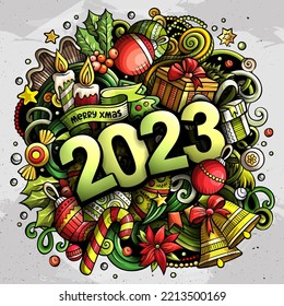 2023 doodles illustration. New Year objects and elements poster design. Creative cartoon holidays art background. Colorful vector drawing