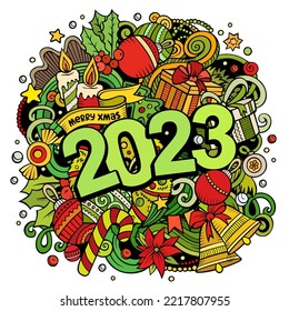 2023 doodles illustration. New Year objects and elements poster design. Creative cartoon holidays art background. Colorful vector drawing