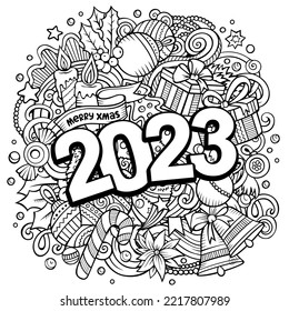 2023 doodles illustration. New Year objects and elements poster design. Creative cartoon holidays art background. Sketchy vector drawing
