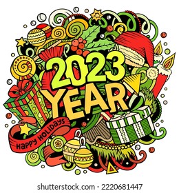 2023 doodles illustration. New Year objects and elements poster design. Creative cartoon holidays art background. Colorful vector drawing