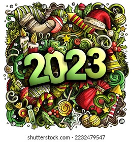 2023 doodles illustration. New Year objects and elements poster design. Creative cartoon holidays art background. Colorful vector drawing