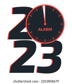 2023 Doomsday alarm poster. Doomsday clock. Symbol of global catastrophe, apocalypse sign. Flat vector illustration.