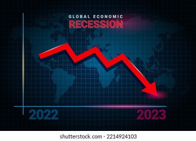 2023 Economy recession, global business downfall with falling arrow and world map. Money losing. Stock crisis, financial crisis and finance concept background. 