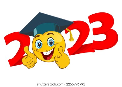 2023  emoji smile in graduation cap with thumbs up. Template for greeting, invitation card graduation party.  Vector on transparent  background