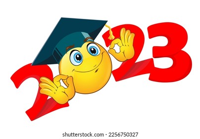 2023  emoji smile in graduation cap with ok gesturing. Template for greeting, invitation card graduation party.  Vector on transparent  background