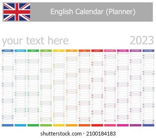 2023 English Planner Calendar With Vertical Months On White Background