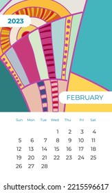2023 february calendar abstract contemporary art vector. Desk, screen, desktop month 02, 2023, colorful 2023 calendar template, agenda. Psychedelic calendar, day planner starts Sunday. February page