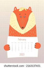 calendario de febrero de 2023, zorro lindo animal con una hoja mensual de calendario, estilo infantil dibujado a mano