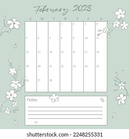 2023 February calendar for Digital Bullet journal vector illustration. Hand written calendar with flourish decoration. 