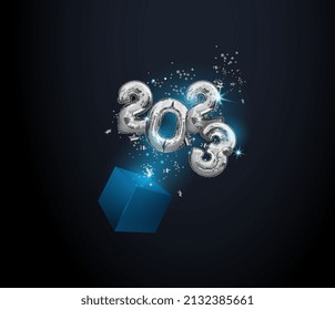 2023 figures Happy New Year. A congratulatory sign. 3d volumetric figures made of silver foil flies out of the box Shiny numbers. Abstract isolated graphic design template. Christmas decoration.