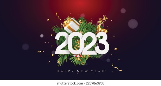 2023 fireworks. Happy new year dark background. Beautiful holiday Web banner