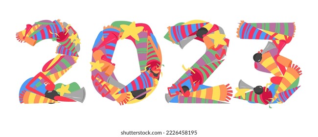 2023 font typography from icon pack of trumpets, horns, etc. doodle collage. new year concept for template, greeting card, print, sticker, etc.
