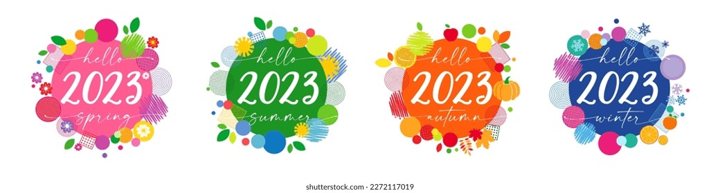 2023 four labels Memfis for the seasons. Hello spring, hello summer, hello autumn, hello winter isolated graphic template background. Creative vector decoration 