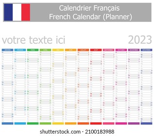 2023 French Planner Calendar with Vertical Months on white background