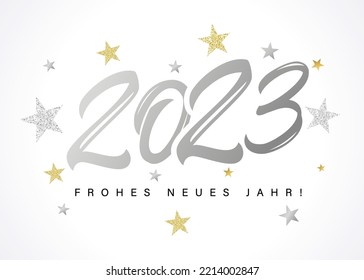 2023 Frohes Neues Jahr diseño de texto y estrellas con el logo plateado. Texto alemán Frohes Neues Jahr, traducir Feliz Año Nuevo. Ilustración vectorial con números y estrella dorada