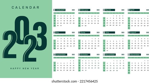 2023 Full Calendar with All months in Green minimalist design. Modern calendar design
