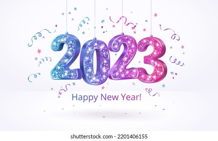 2023 glitter numbers hanging on strings. Blue to pink gradient. Happy new year banner. Flying ribbons and confetti. Vector decoration. Background for Christmas and holiday cards, party flyers.