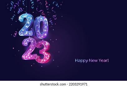 2023 glitter numbers hanging on strings. Blue to pink gradient. Happy new year banner. Background with colorful confetti and ribbons. Vector decoration. For Christmas and holiday cards, party posters.