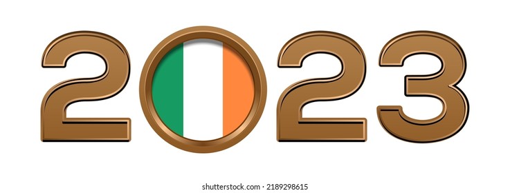 2023 gold number with the flag of Ireland inside. 2023 number logo text design isolated on white. Vector illustration