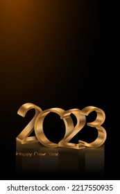 2023 goldene 3D-Zahlen, Frohes neues Jahr. Vertikales Banner Weihnachten Thema. Urlaubsdesign für Grußkarte, Einladung, Kalender, Party, Luxus-Goldvip, Vektorgrafik einzeln auf schwarzem Hintergrund