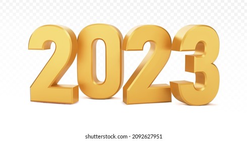 2023 golden decoration holiday on transparent background. Gold numeral 2023. Happy new year 2023 holiday. Realistic 3d vector illustration