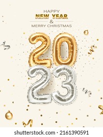 2023 golden decoration holiday on beige background. Shiny party background. Gold foil balloons numeral 2023 with realistic festive objects, glitter gold confetti and serpentine. Happy new year 2023