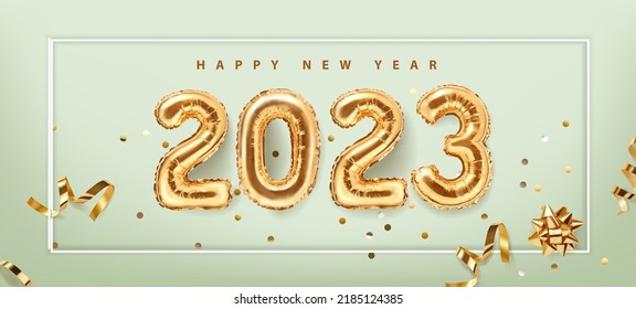 2023 golden decoration holiday on green background. Shiny party background. Gold foil balloons numeral 2023 with realistic festive objects,, glitter gold confetti and serpentine. Horizontal banner