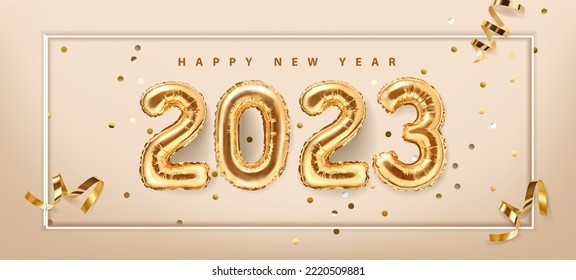 2023 golden decoration holiday on beige background. Gold foil balloons numeral 2023 with realistic festive objects,, glitter gold confetti and serpentine. Horizontal banner. Happy new year 2023