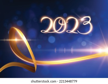 2023 golden fire light lines text new year festive holiday background with defocused blurred light effect bokeh on blue backdrop. Light writing hand drawn text. Vector eps10