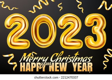 2023 Golden foil numerals balloons, Merry Christmas and Happy New Year 2023 banner