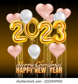 2023 Golden foil numerals balloons, Merry Christmas and Happy New Year 2023 banner