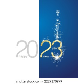 2023 golden Happy New Year sparkle firework white blue background greeting card