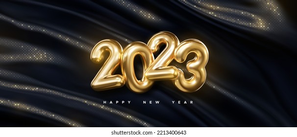 2023 golden metal sign. Happy New 2023 Year banner. Vector holiday illustration. Gold numbers on black glittering fabric background