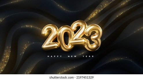 2023 golden metallic sign. Happy New 2023 Year banner. Vector holiday illustration. Realistic numbers on black background with shimmering glitters.