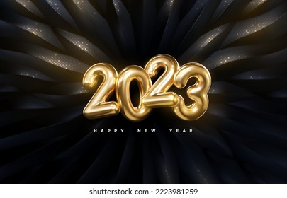 2023 golden metallic sign. Happy New 2023 Year banner. Vector holiday illustration. Realistic numbers on black background with shimmering glitters.