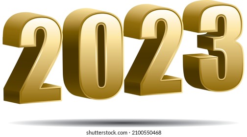 2023. Golden three dimensional  number. Calendar ou happy new year. Vector icon.